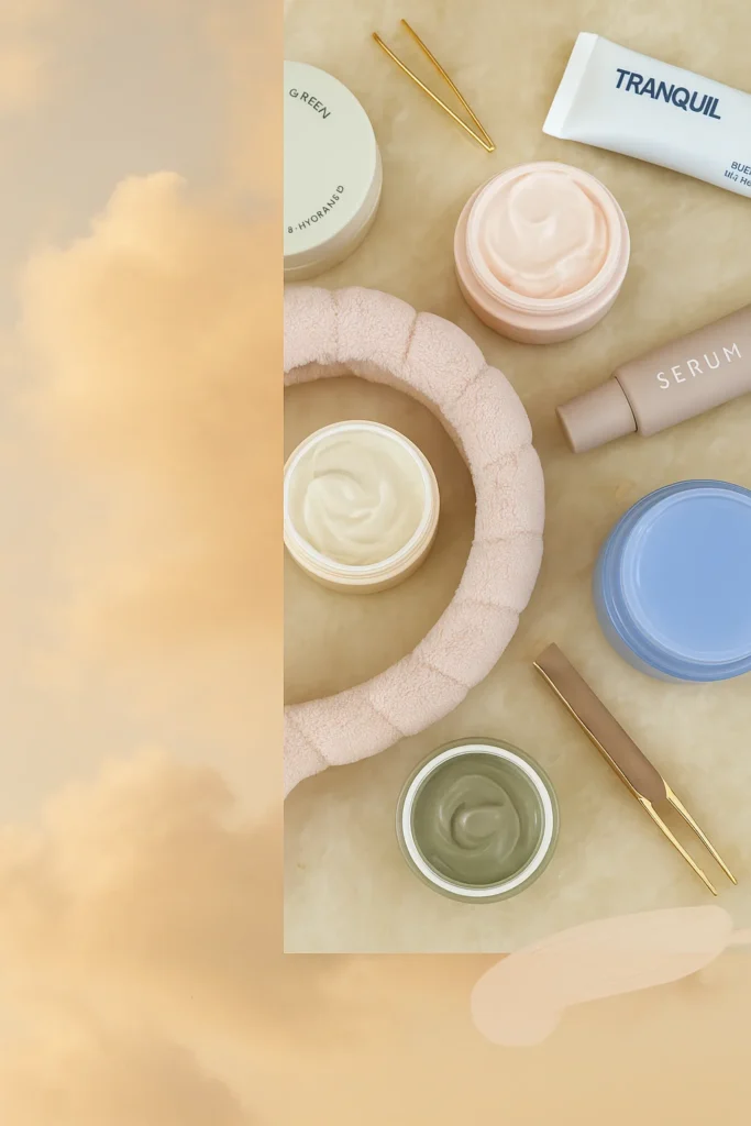 Flat lay of skincare products including pastel cream jars, toner, serum, and brushes on a soft beige background