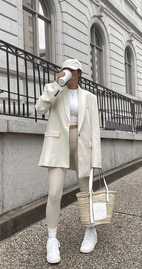 A blazer, leggings, and clean white sneakers